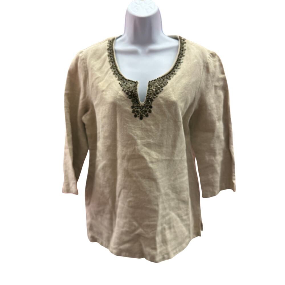 Michael Kors Womens Sz 10 Tunic 3/4 Sleeve Front Detaill beige 100%Linen beaded